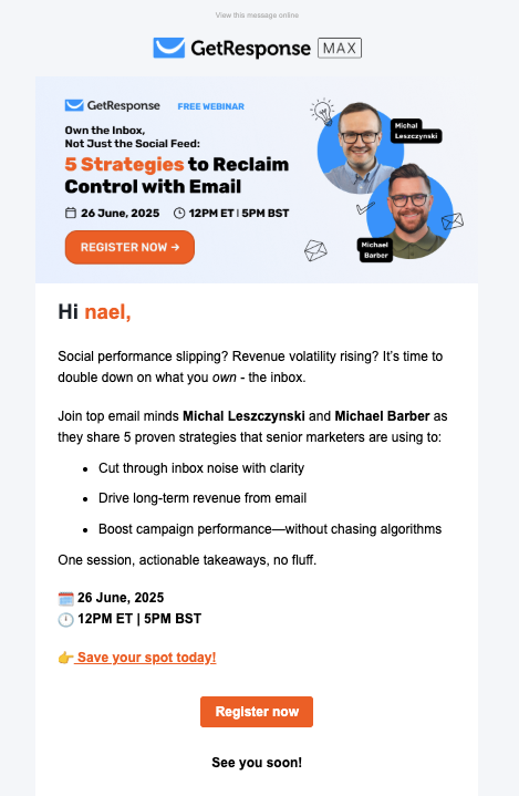 Example of an email promoting a webinar